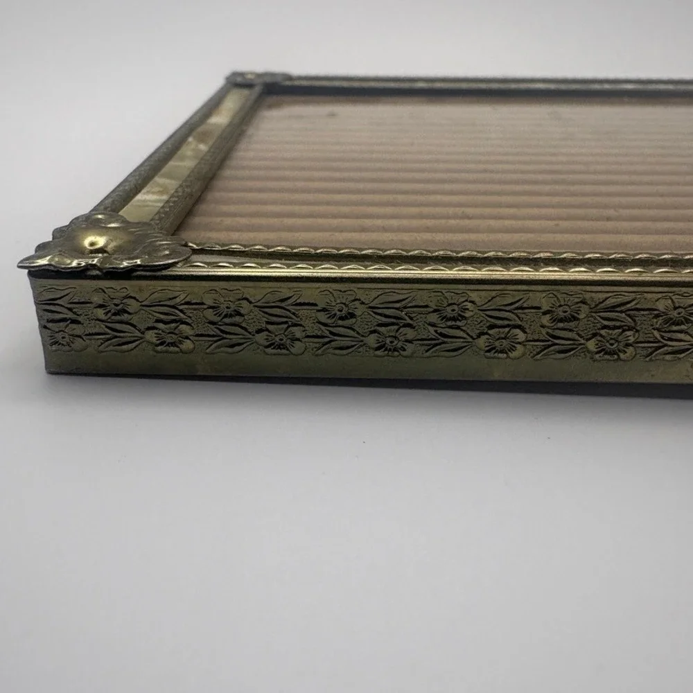 Vintage Ornate Brass Mother of Pearl Inlay Picture Frame Floral Filigree 5.5x7.5